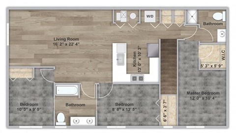Floor plan for 3 beds, 2 baths, 1248 sqft